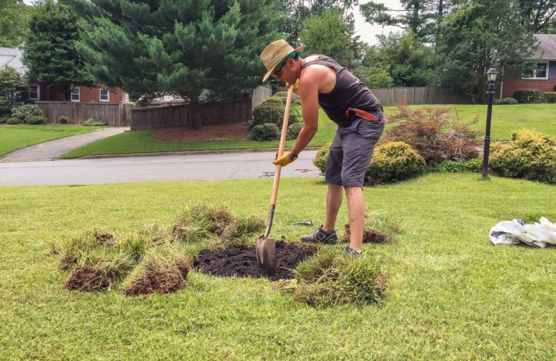 A fit GenX homeowner tends to some DIY landscaping in the front yard on a hot summer day.