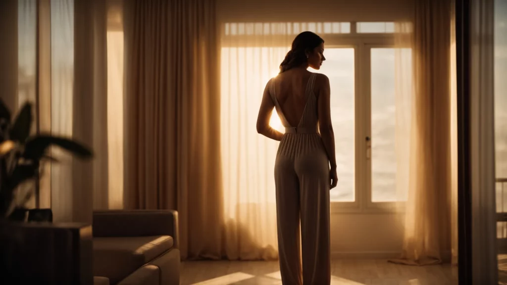 a woman in a sleek jumpsuit stands confidently in a softly lit room, her silhouette highlighted by the evening light pouring in through a large window.