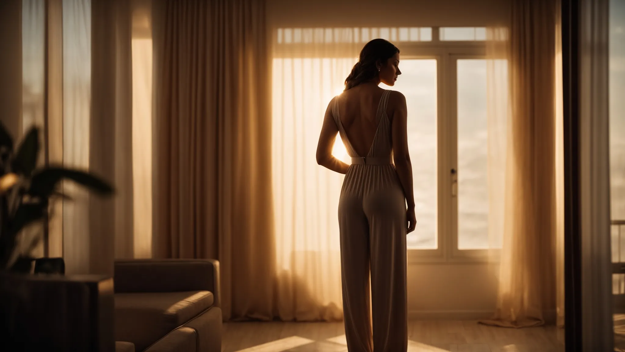 a woman in a sleek jumpsuit stands confidently in a softly lit room, her silhouette highlighted by the evening light pouring in through a large window.