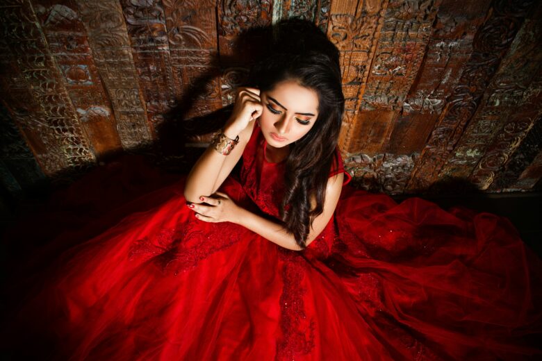 a woman in a red dress