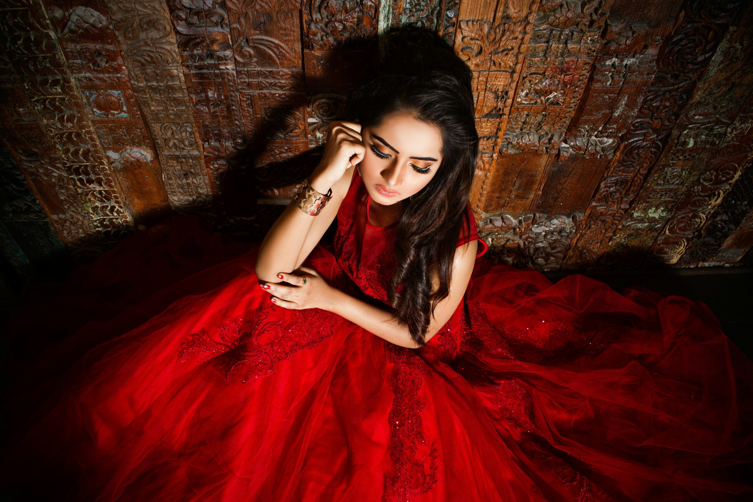 a woman in a red dress