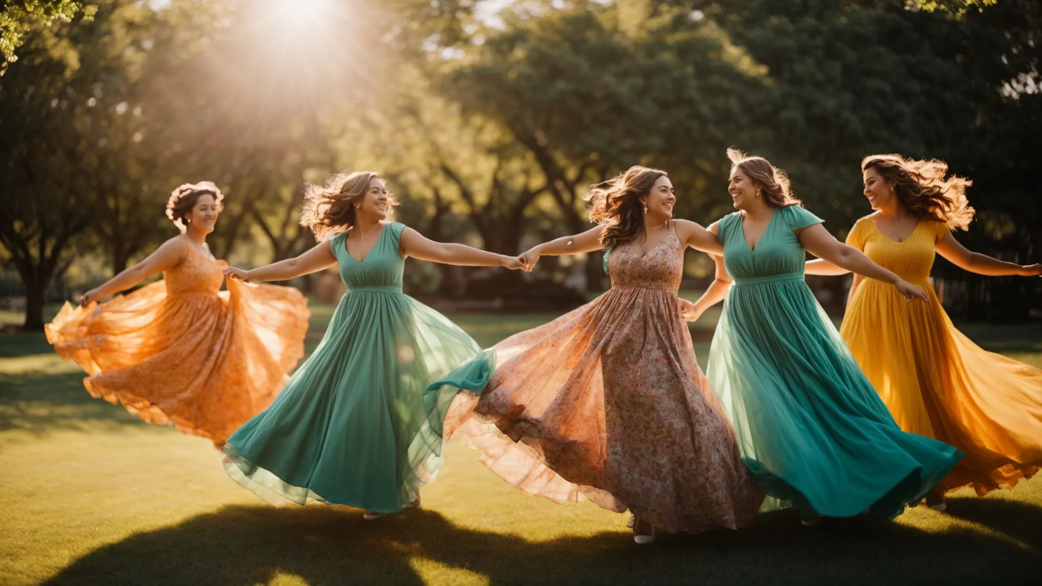 a group of confident women of various sizes joyfully twirl in colorful, flowing swing dresses in a sunlit park.