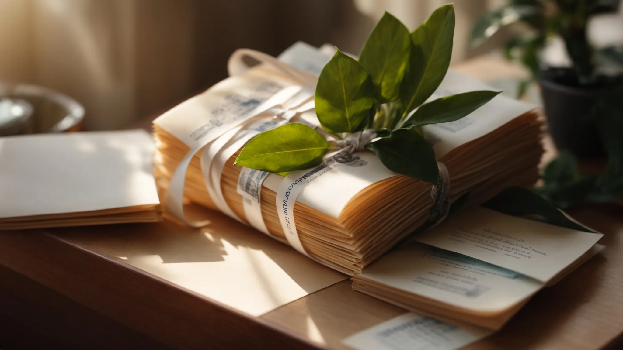 a pile of bills tied with a ribbon sits beside a peaceful, potted plant on a desk bathed in soft sunlight.