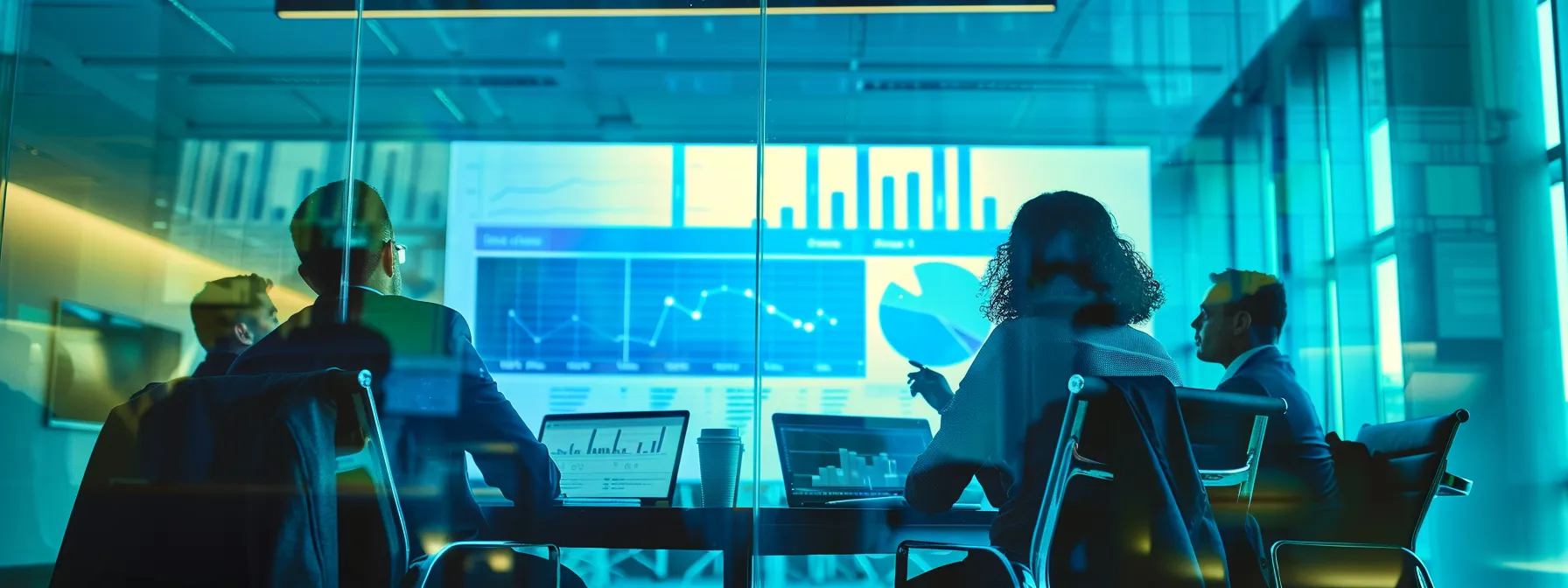 business professionals in a meeting room analyzing data on a screen showing client satisfaction metrics and retention rates.