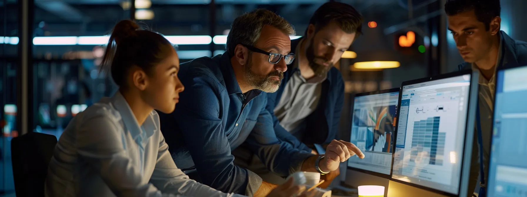 a team of professionals collaborating around a computer, reviewing a shared database for unified project management.