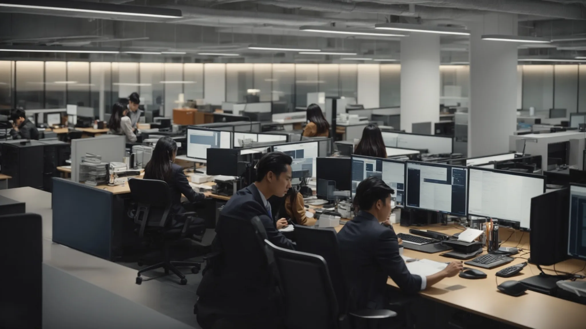 a bustling office with employees engaging in streamlined tasks on computers, depicting the efficiency brought about by a new erp system.