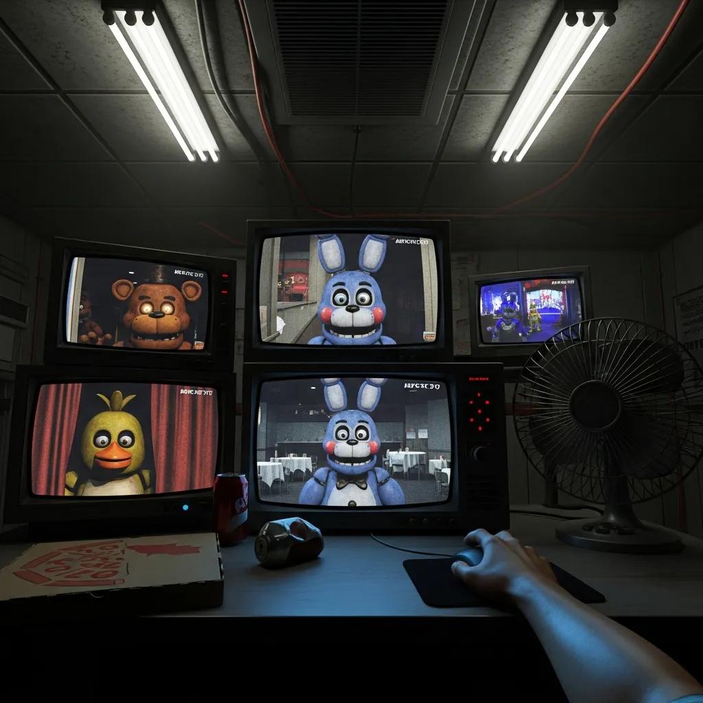 Five Nights at Freddy's Online security office with a guard monitoring animatronics
